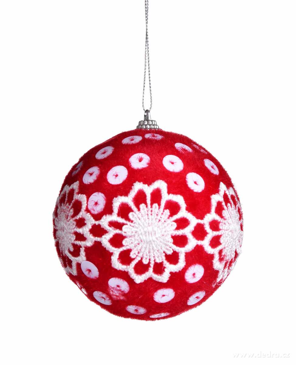 1 ks červená koule s bílou výšivkou, průměr 8, 5 cm | Dekorace | Grand Móda