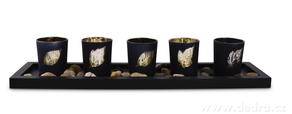 5 ks skleněných svícnů, černé s lístky | Svícny | Grand Móda