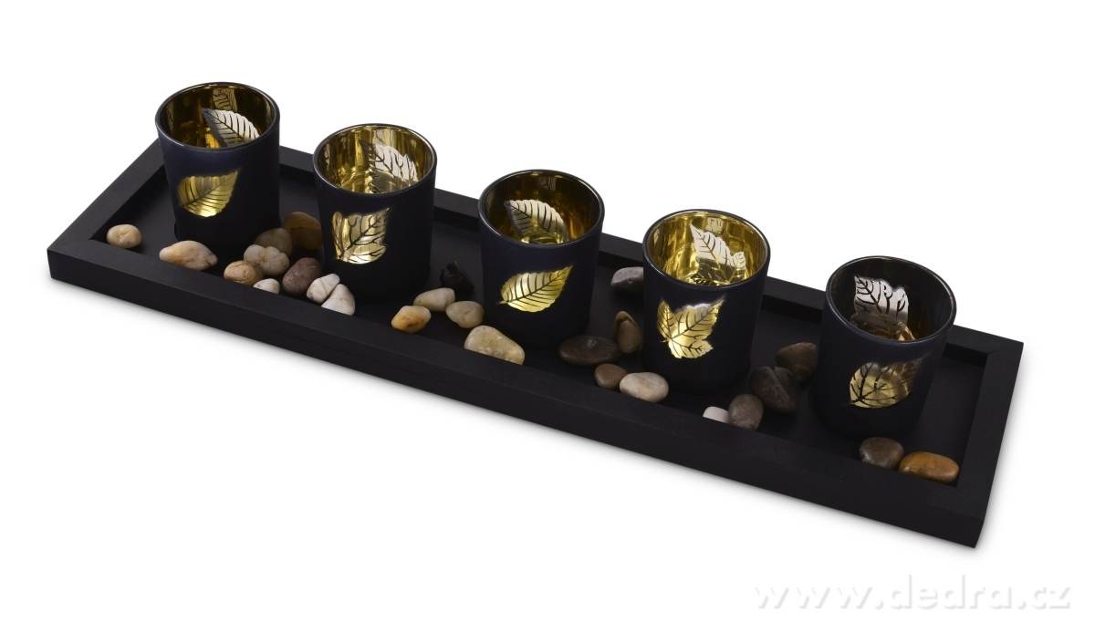 5 ks skleněných svícnů, černé s lístky – náhled 2 | Grand Móda