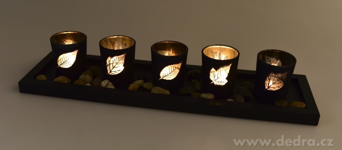 5 ks skleněných svícnů, černé s lístky – náhled 3 | Grand Móda