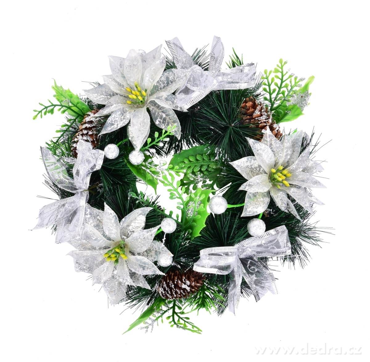Dekorativní věnec, bílé květy a šišky 20 cm | Keramika a kvďtináče | Grand Móda