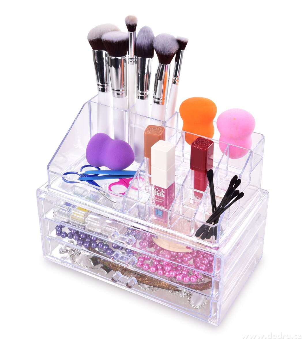 BEAUTY, exkluzivní čtyřpatrový kosmetický organizér, 3 zásuvky + 16 přihrádek, čirý plast – náhled 2 | Grand Móda