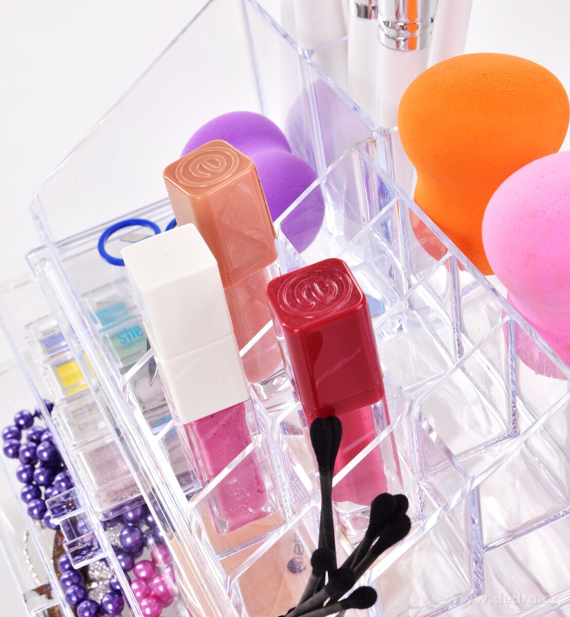 BEAUTY, exkluzivní čtyřpatrový kosmetický organizér, 3 zásuvky + 16 přihrádek, čirý plast – náhled 4 | Grand Móda