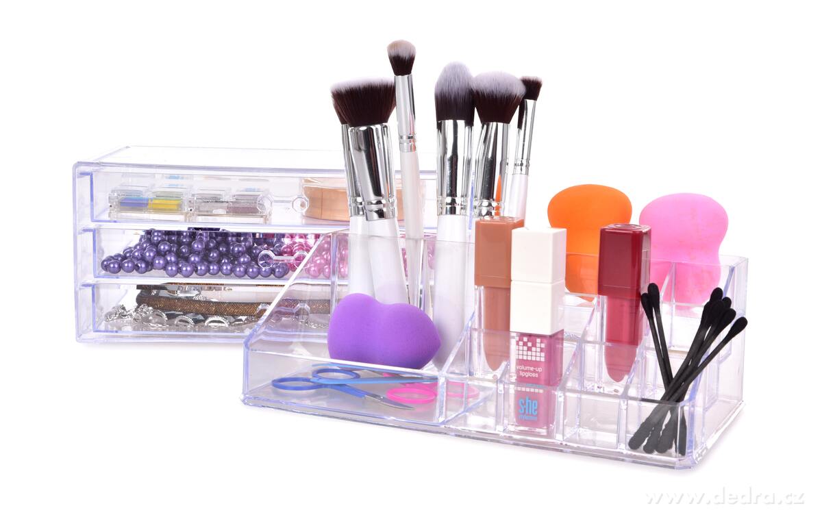 BEAUTY, exkluzivní čtyřpatrový kosmetický organizér, 3 zásuvky + 16 přihrádek, čirý plast – náhled 5 | Grand Móda