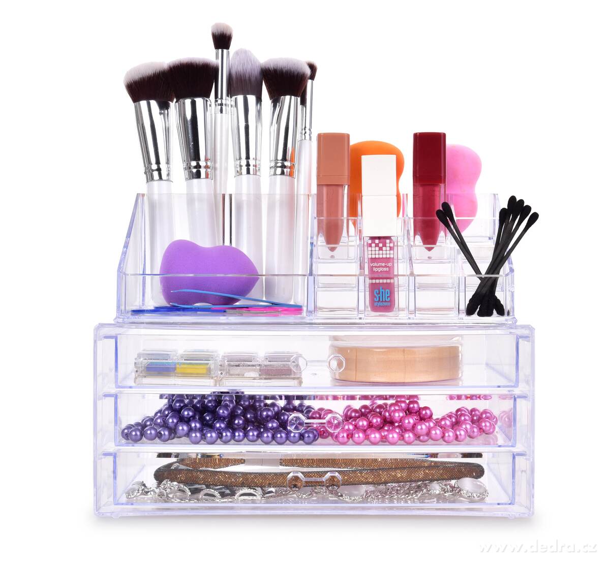 BEAUTY, exkluzivní čtyřpatrový kosmetický organizér, 3 zásuvky + 16 přihrádek, čirý plast – náhled 6 | Grand Móda