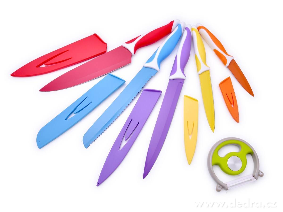 6 KS SADA BAREVNÝCH NOŽŮ A ŠKRABKY, z nerezové oceli | Nože, nůžky a prkénka | Grand Móda