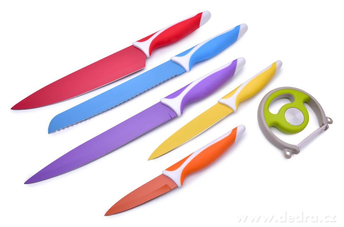 6 KS SADA BAREVNÝCH NOŽŮ A ŠKRABKY, z nerezové oceli – náhled 2 | Grand Móda