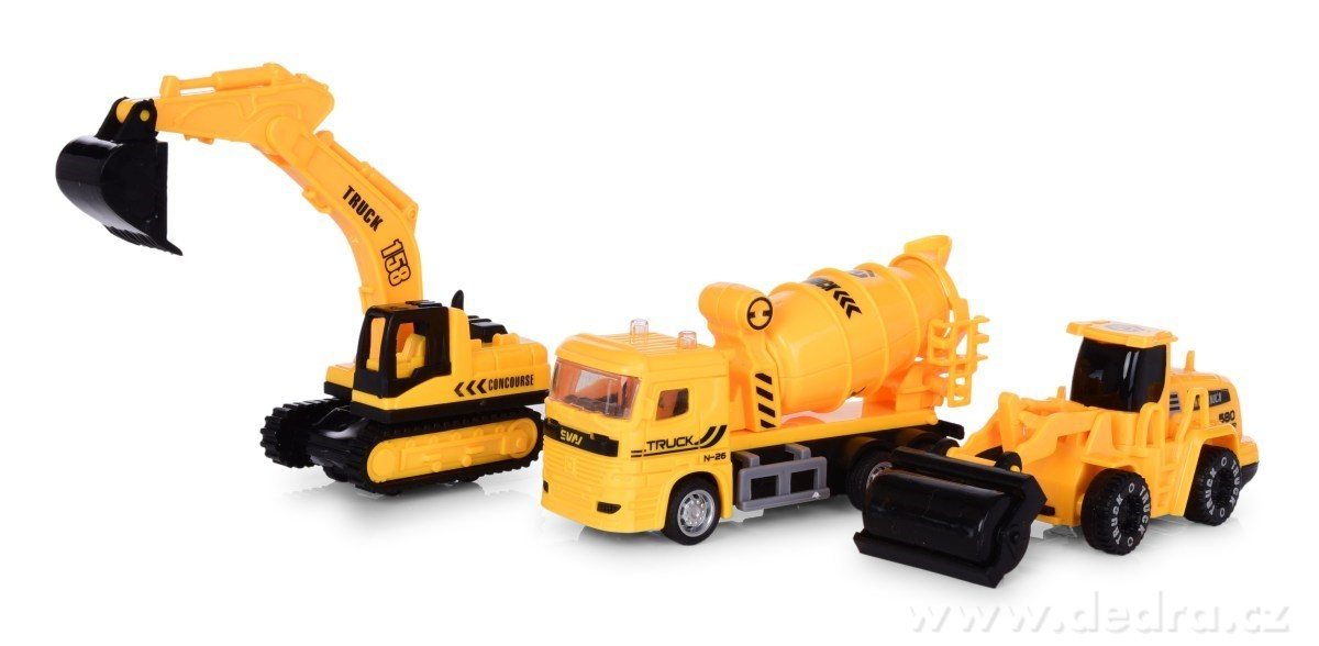 SADY 3 KS STAVEBNÍCH AUT, míchačka, válec, pásový bagr