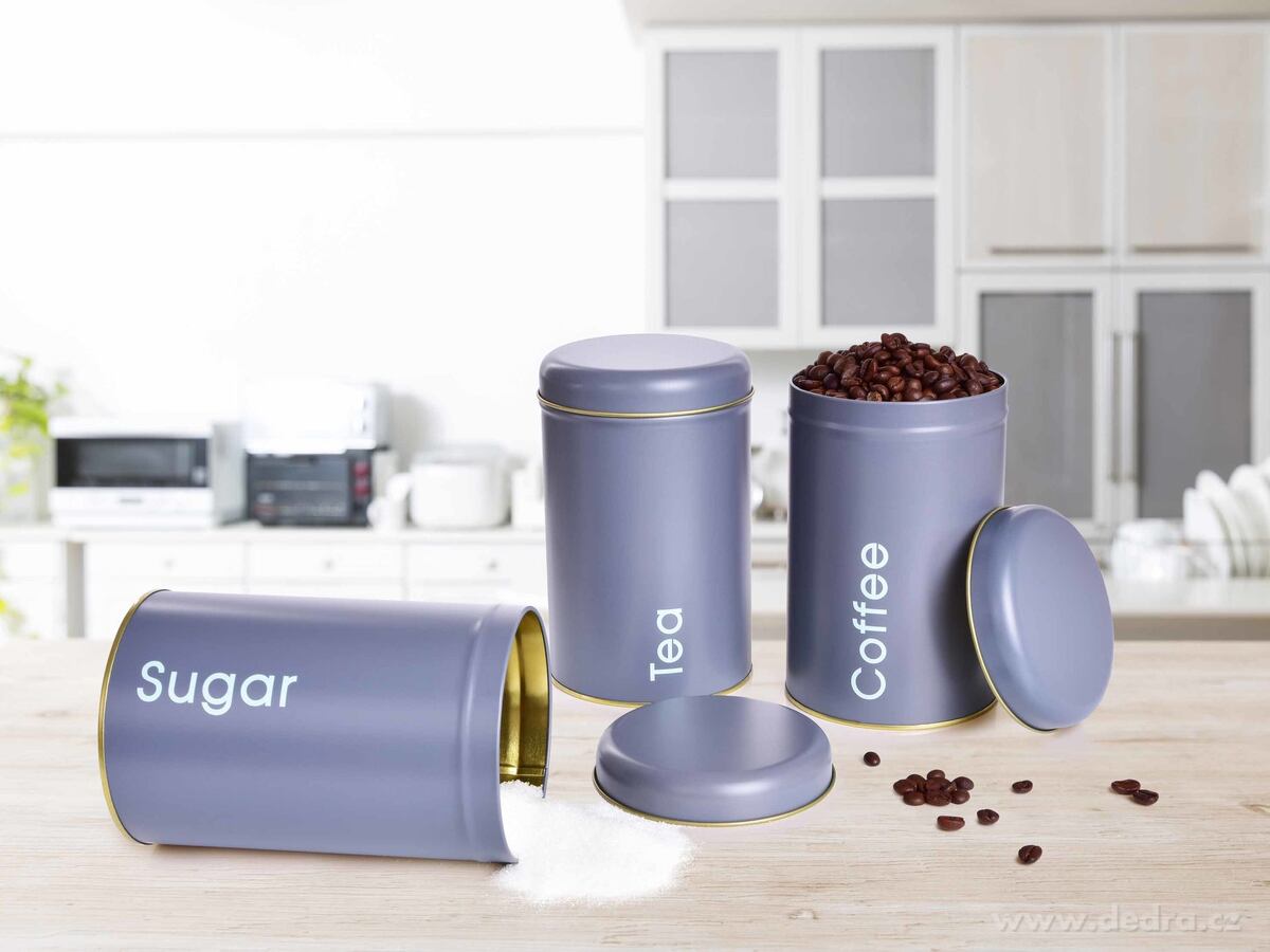 3 KS SADA kovových kulatých dóz, Tea, Sugar, Coffee – náhled 2 | Grand Móda