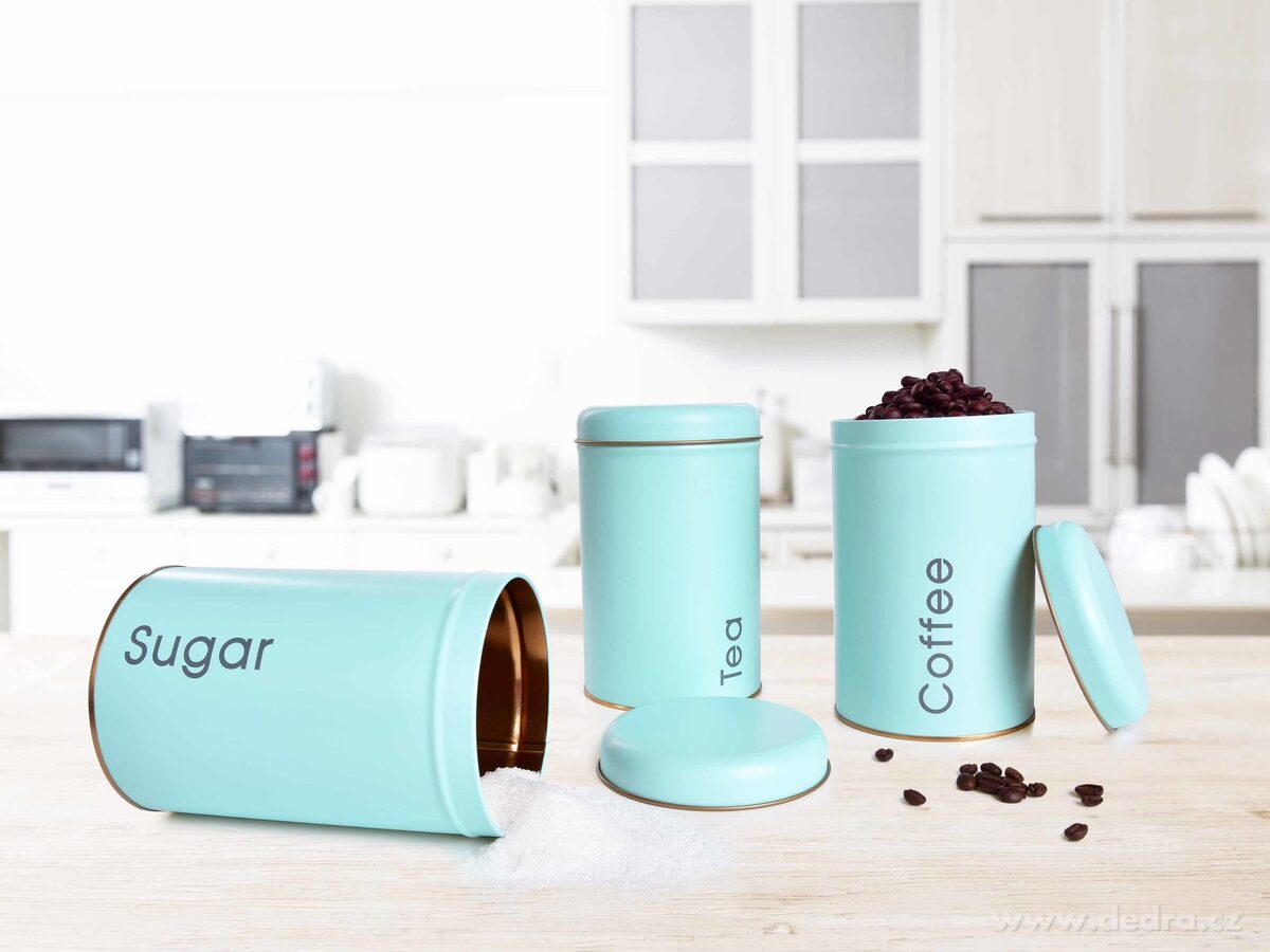 3 KS SADA kovových kulatých dóz, Tea, Sugar, Coffee – náhled 2 | Grand Móda