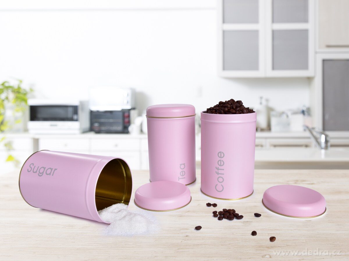3 KS SADA kovových kulatých dóz, Tea, Sugar, Coffee – náhled 2 | Grand Móda