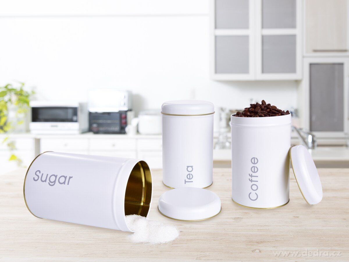 3 KS SADA kovových kulatých dóz, Tea, Sugar, Coffee – náhled 2 | Grand Móda