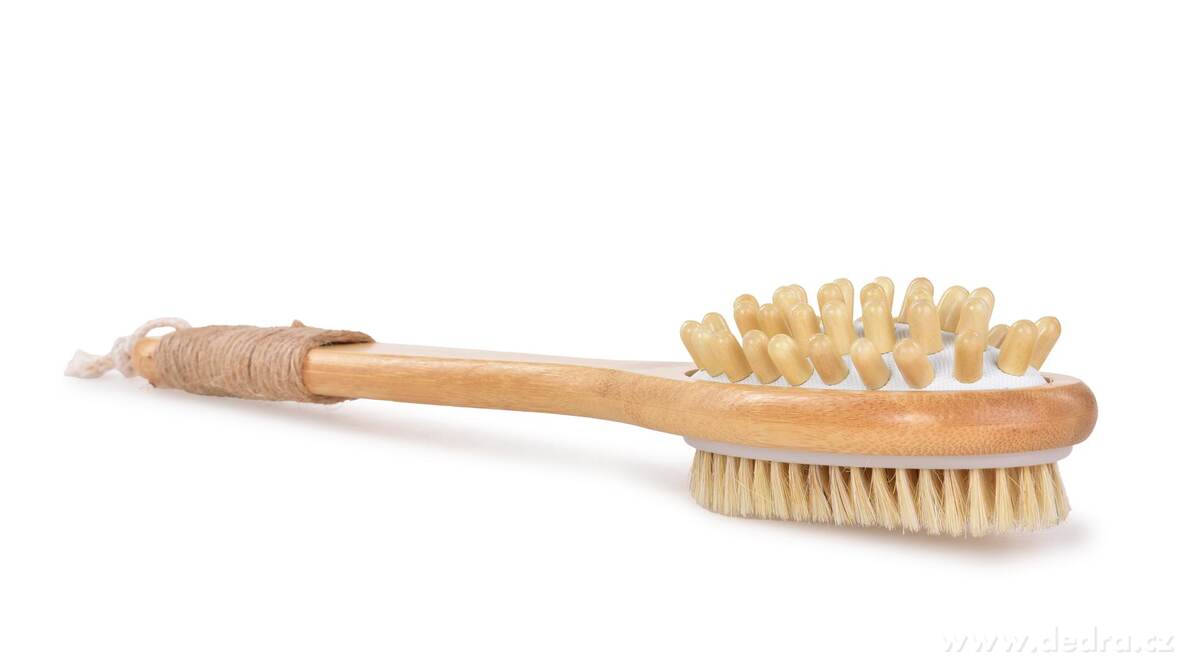 GoEco®, 2v1 oboustranný masážní kartáč na mytí, přírodní štětinky & dřevěné masážní hroty, délka 40 cm