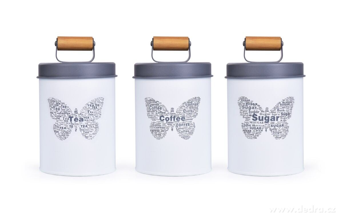 3 ks SADA kovových kulatých dóz MOTÝL Tea, Sugar, Coffee | Skladování potravin ­čŹ▒ | Grand Móda