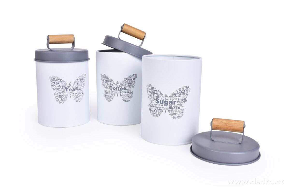 3 ks SADA kovových kulatých dóz MOTÝL Tea, Sugar, Coffee – náhled 2 | Grand Móda