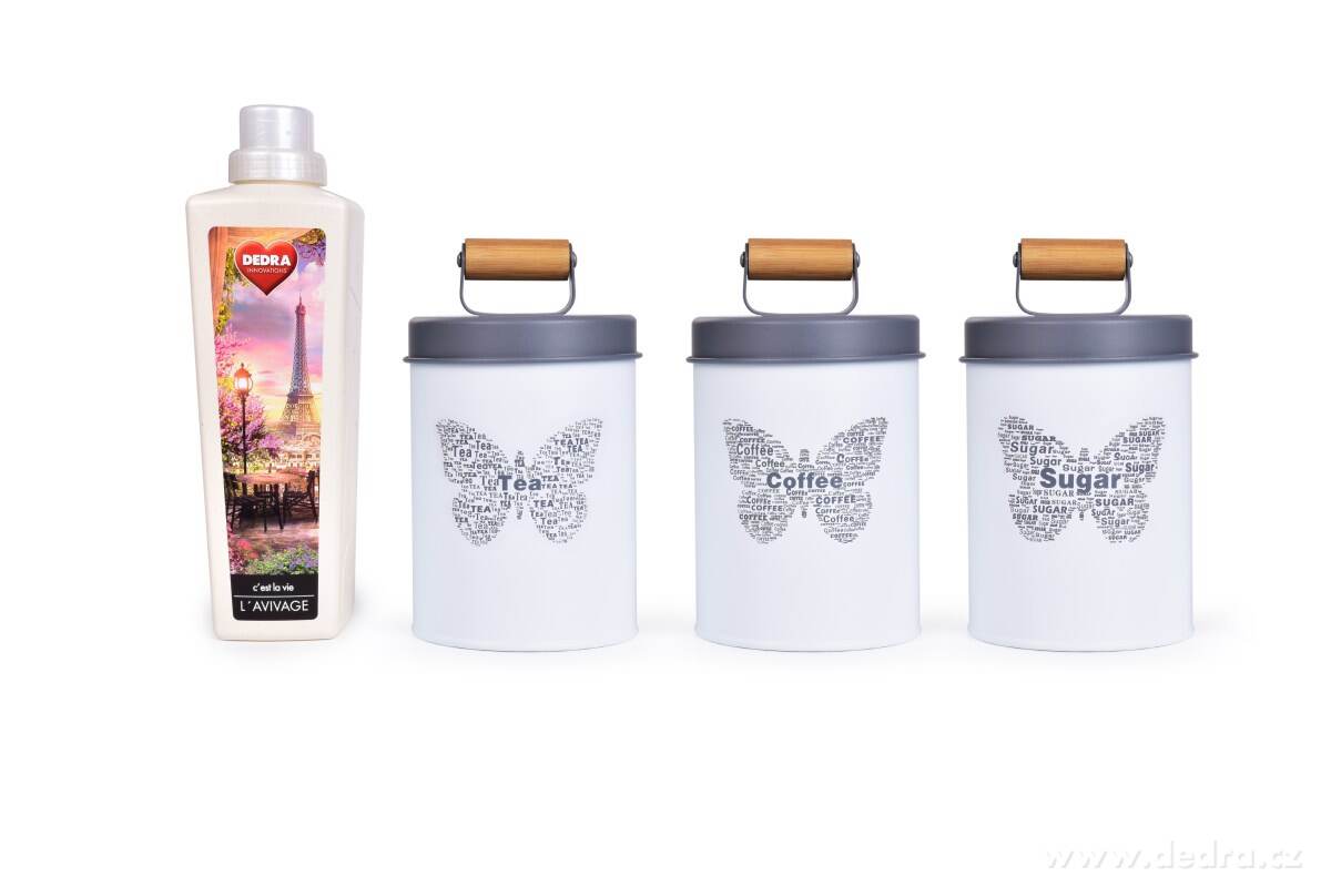 3 ks SADA kovových kulatých dóz MOTÝL Tea, Sugar, Coffee – náhled 4 | Grand Móda