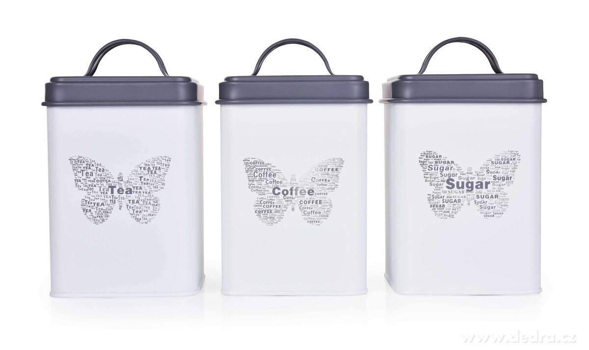 3 ks SADA kovových hranatých dóz MOTÝL Tea, Sugar, Coffee – náhled 2 | Grand Móda