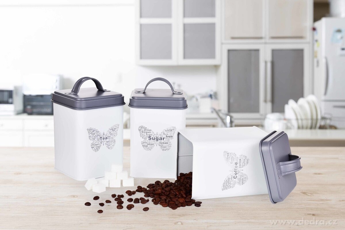 3 ks SADA kovových hranatých dóz MOTÝL Tea, Sugar, Coffee – náhled 3 | Grand Móda