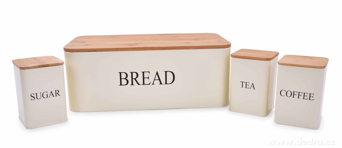 4 KS SADA chlebníku a kovových dóz TEA, COFFEE, SUGAR