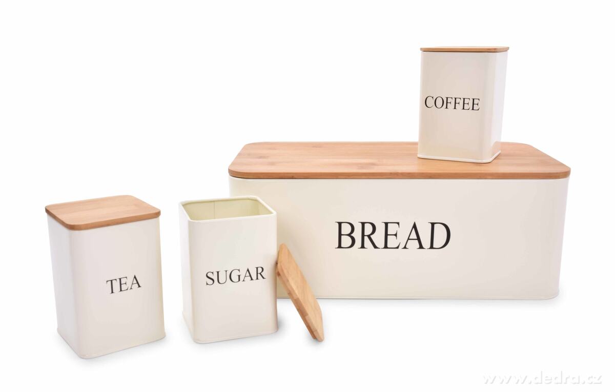 4 KS SADA chlebníku a kovových dóz TEA, COFFEE, SUGAR – náhled 2 | Grand Móda