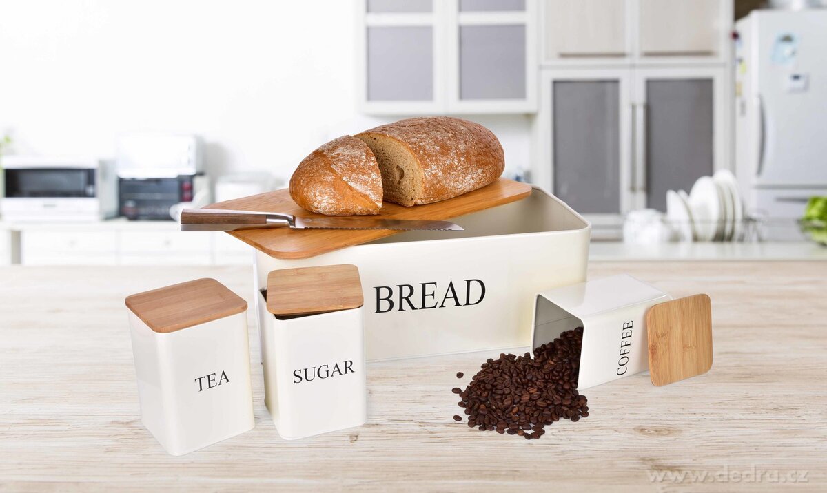 4 KS SADA chlebníku a kovových dóz TEA, COFFEE, SUGAR – náhled 3 | Grand Móda