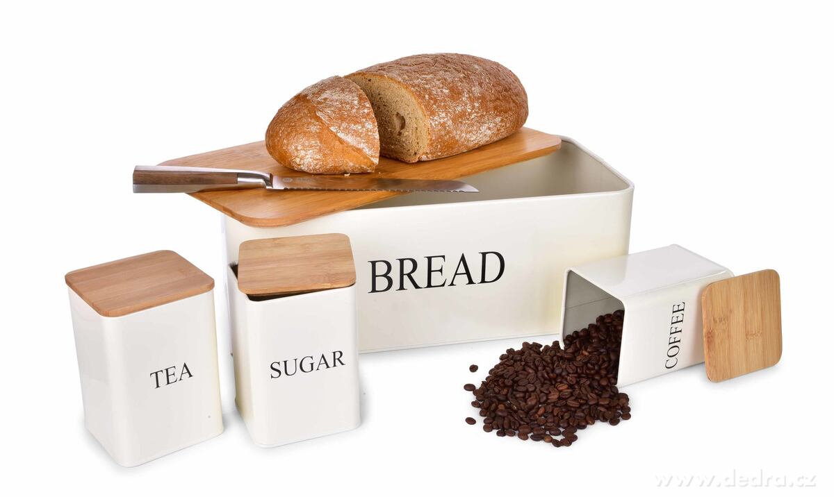 4 KS SADA chlebníku a kovových dóz TEA, COFFEE, SUGAR – náhled 6 | Grand Móda