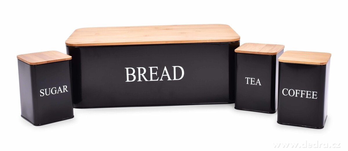 4 KS SADA chlebníku a kovových dóz TEA, COFFEE, SUGAR