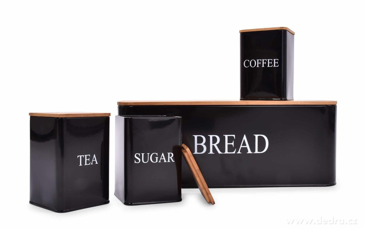 4 KS SADA chlebníku a kovových dóz TEA, COFFEE, SUGAR – náhled 2 | Grand Móda