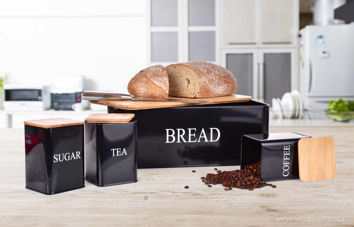 4 KS SADA chlebníku a kovových dóz TEA, COFFEE, SUGAR – náhled 3 | Grand Móda