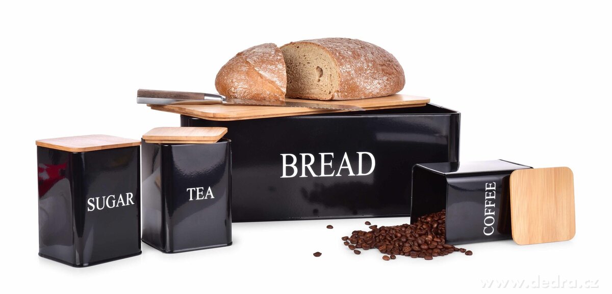 4 KS SADA chlebníku a kovových dóz TEA, COFFEE, SUGAR – náhled 5 | Grand Móda