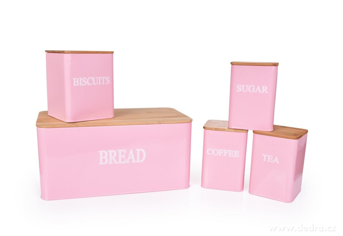5 KS SADA chlebníku a kovových dóz TEA, COFFEE, SUGAR, BISCUITS