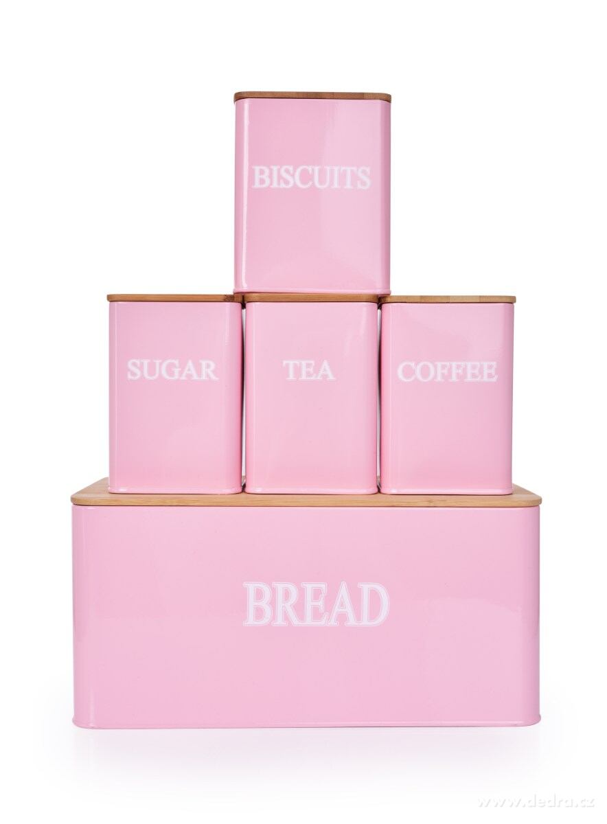 5 KS SADA chlebníku a kovových dóz TEA, COFFEE, SUGAR, BISCUITS – náhled 2 | Grand Móda