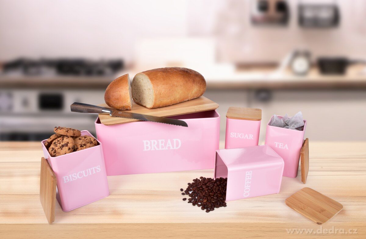 5 KS SADA chlebníku a kovových dóz TEA, COFFEE, SUGAR, BISCUITS – náhled 3 | Grand Móda