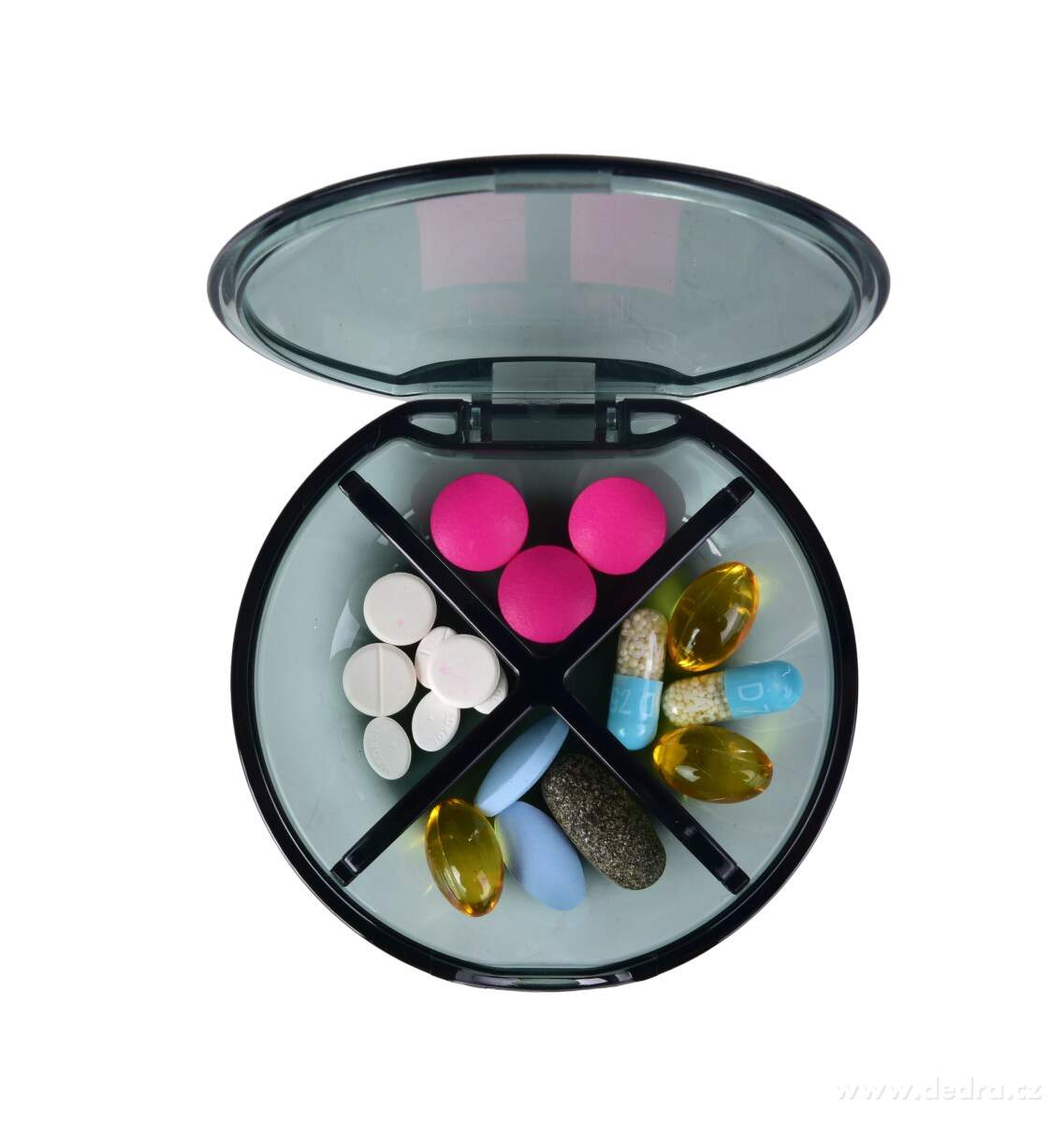 LÉKOVNÍK, průhledný zásobník na léky a vitamíny, 4 přihrádky, vyjímatelná přepážka – náhled 2 | Grand Móda