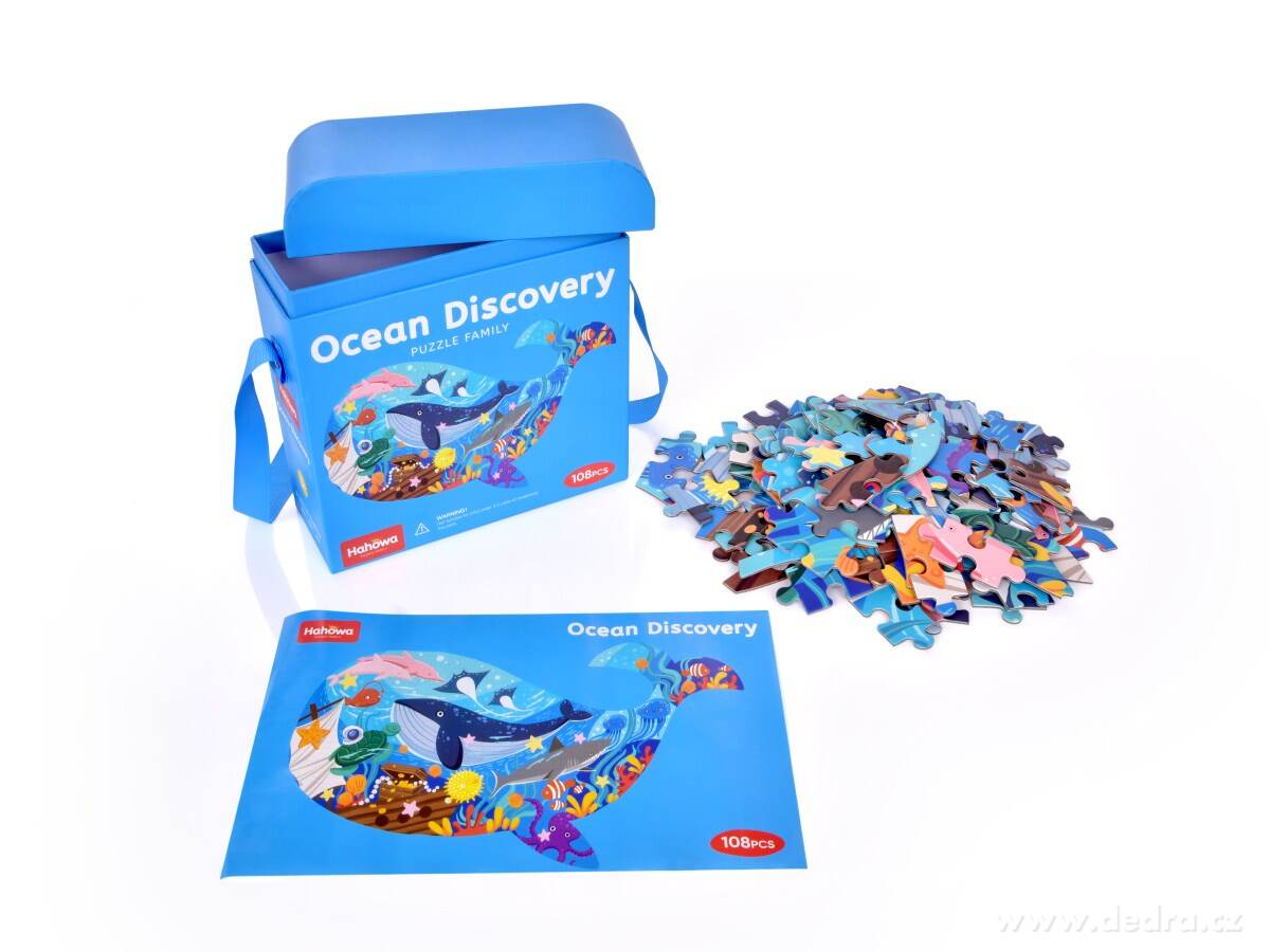 PUZZLE OCEÁN, 108 ks puzzle ve tvaru velryby, s kufříkem & popruhem