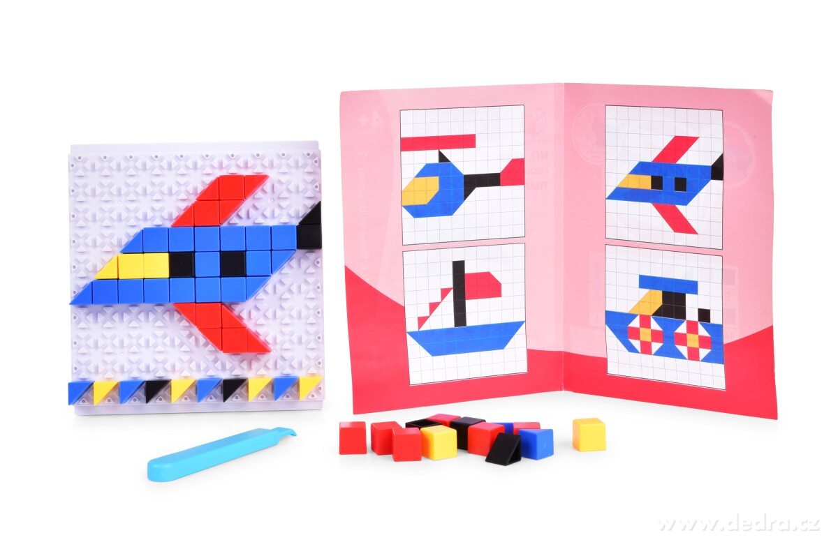 MOZAIKA PUZZLE, 59 ks plastové puzzle DOPRAVNÍ VOZIDLA 4v1, mozaika + podložka