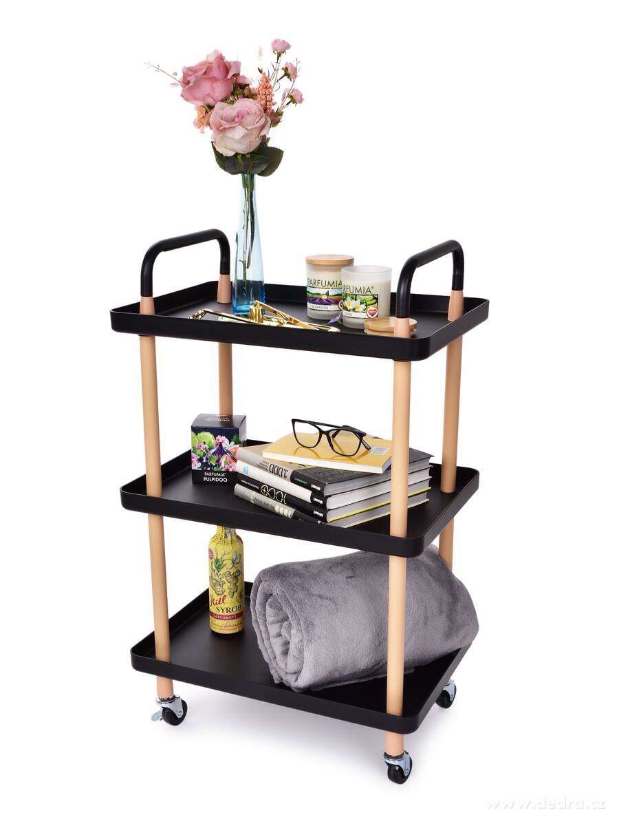 TROLLEY, pojízdný vozík 3patrový, multifunkční obdélníkový regál na kolečkách, výška 86 cm, černý | Vychytávky pro skladování | Grand Móda