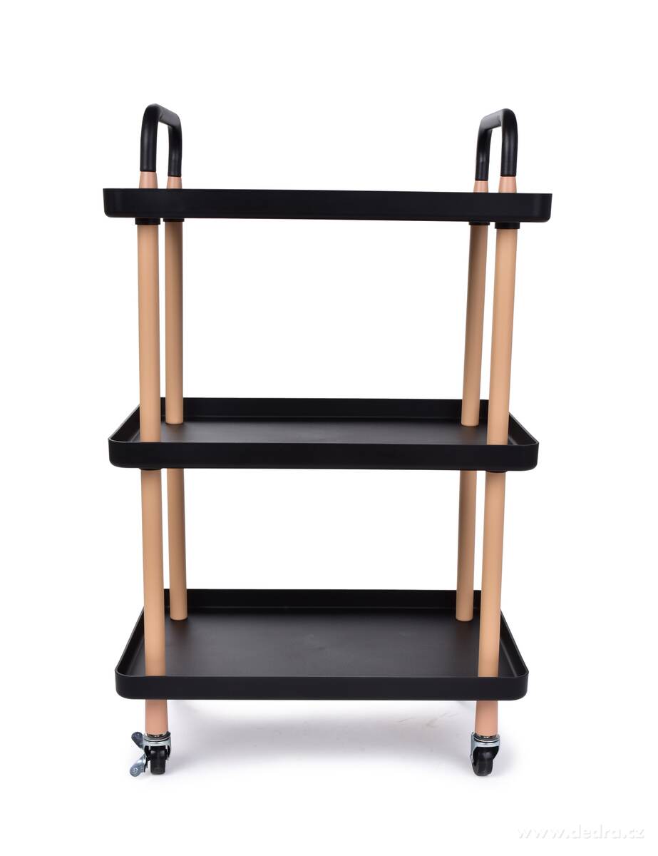 TROLLEY, pojízdný vozík 3patrový, multifunkční obdélníkový regál na kolečkách, výška 86 cm, černý – náhled 2 | Grand Móda