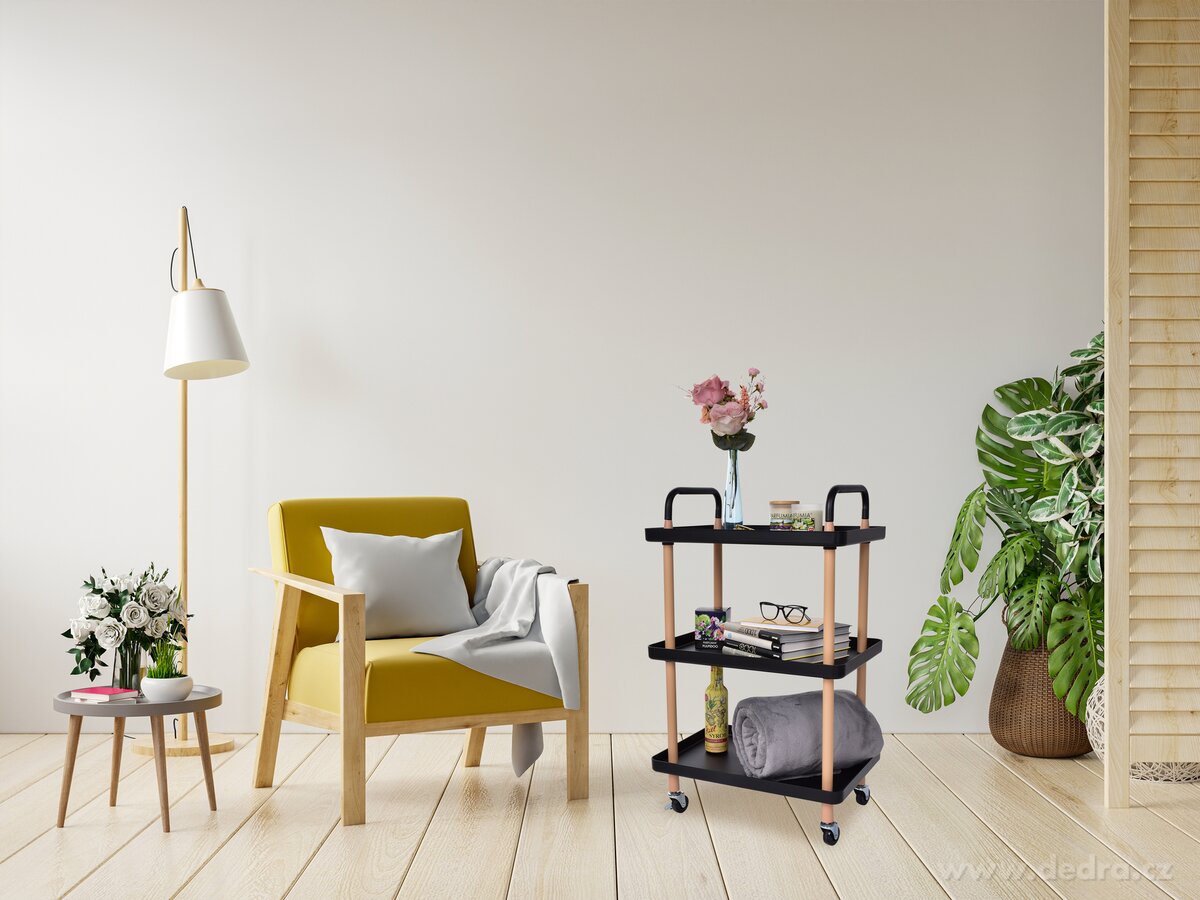 TROLLEY, pojízdný vozík 3patrový, multifunkční obdélníkový regál na kolečkách, výška 86 cm, černý – náhled 3 | Grand Móda