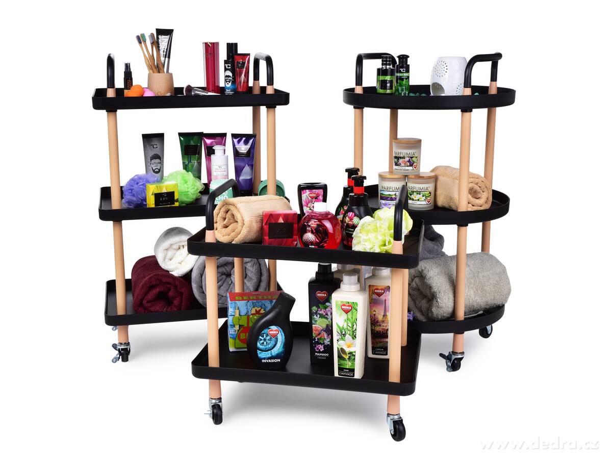 TROLLEY, pojízdný vozík 3patrový, multifunkční obdélníkový regál na kolečkách, výška 86 cm, černý – náhled 4 | Grand Móda