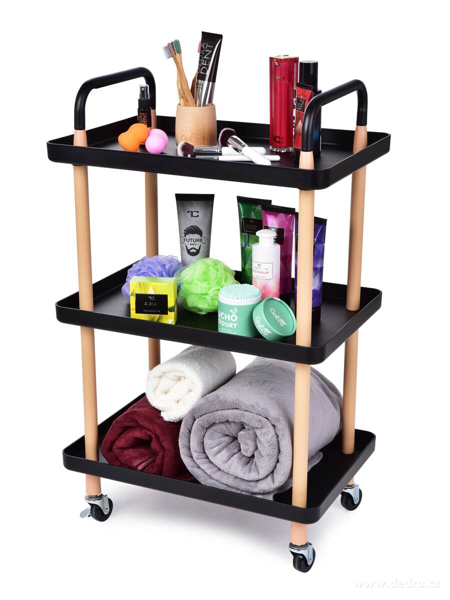 TROLLEY, pojízdný vozík 3patrový, multifunkční obdélníkový regál na kolečkách, výška 86 cm, černý – náhled 5 | Grand Móda