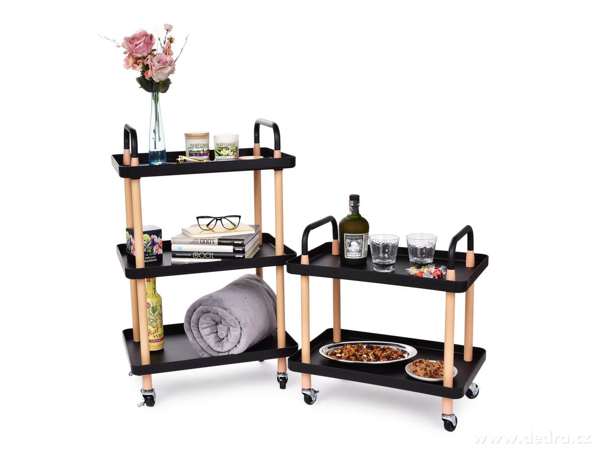 TROLLEY, pojízdný vozík 3patrový, multifunkční obdélníkový regál na kolečkách, výška 86 cm, černý – náhled 6 | Grand Móda