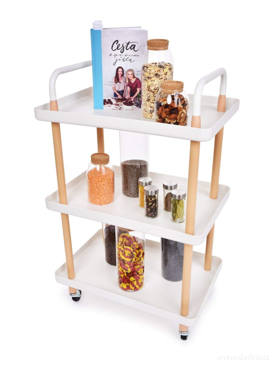 TROLLEY, pojízdný vozík 3patrový, multifunkční obdélníkový regál na kolečkách, výška 86 cm, bílý | Vychytávky pro skladování | Grand Móda