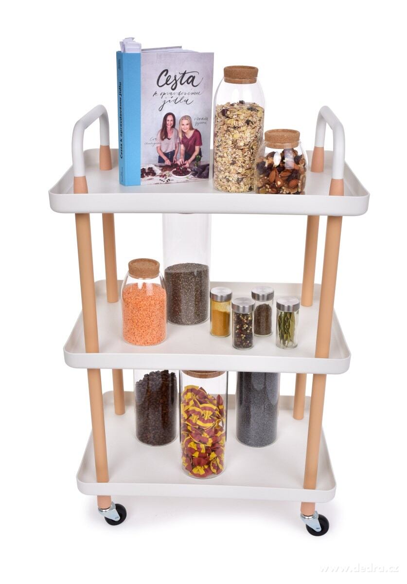 TROLLEY, pojízdný vozík 3patrový, multifunkční obdélníkový regál na kolečkách, výška 86 cm, bílý – náhled 2 | Grand Móda