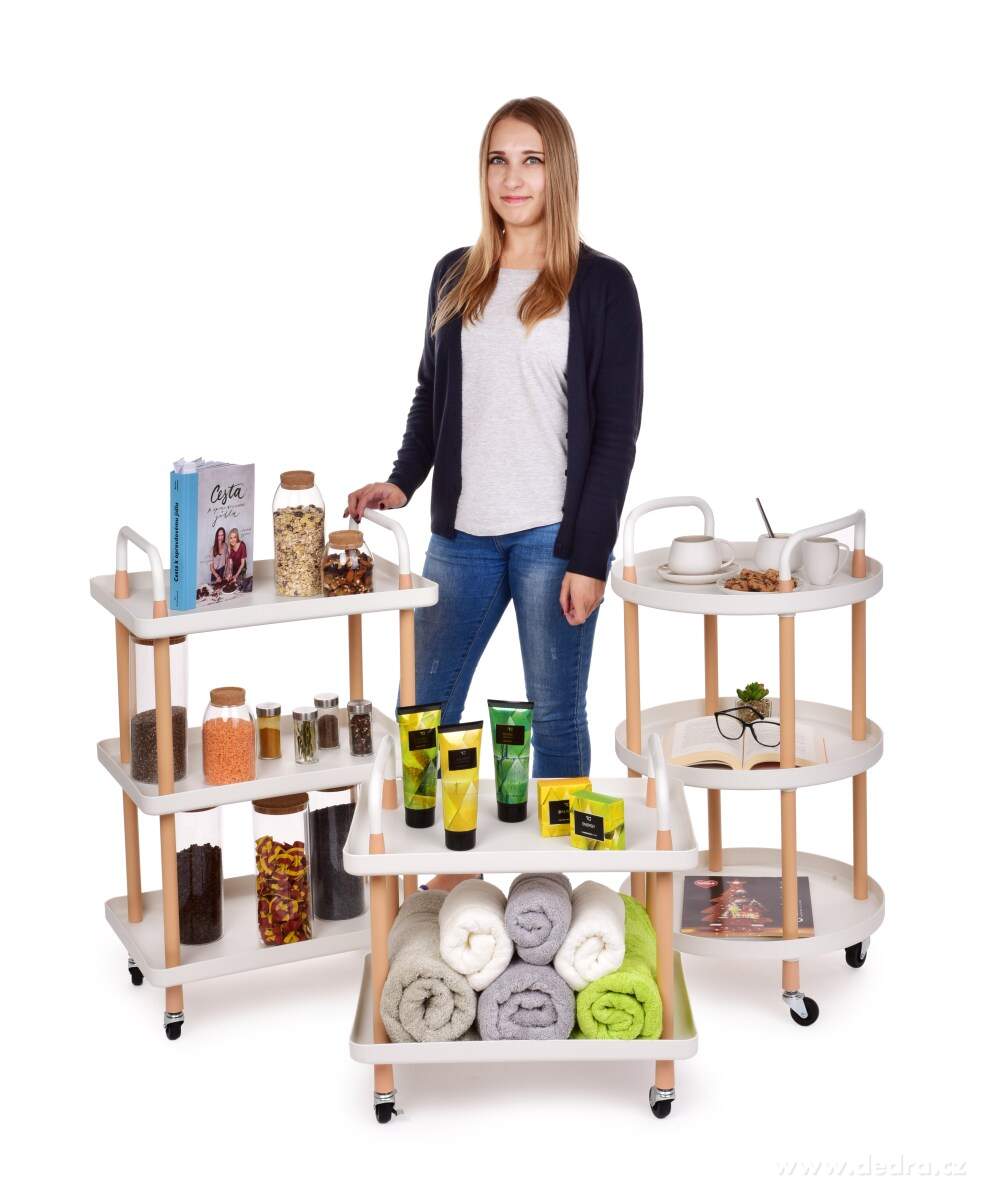 TROLLEY, pojízdný vozík 3patrový, multifunkční obdélníkový regál na kolečkách, výška 86 cm, bílý – náhled 4 | Grand Móda