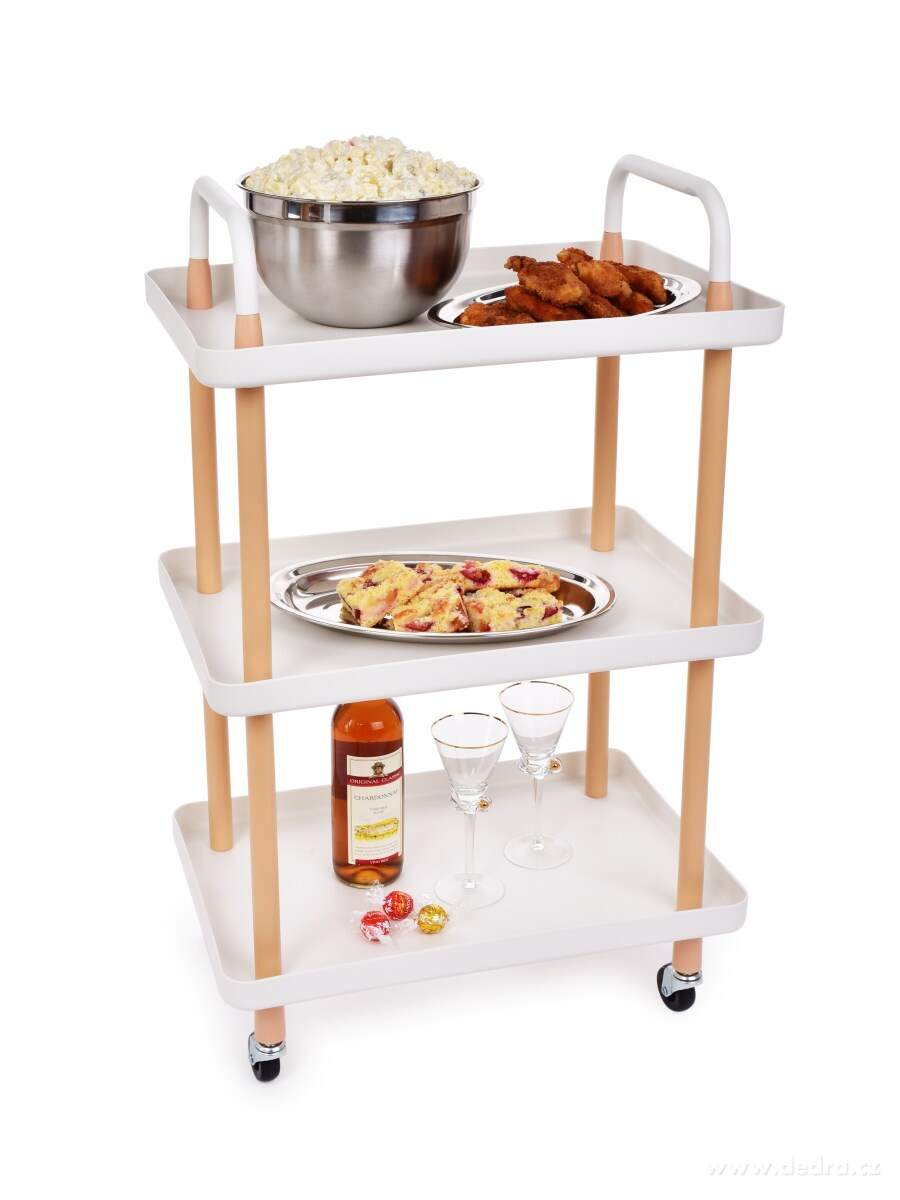 TROLLEY, pojízdný vozík 3patrový, multifunkční obdélníkový regál na kolečkách, výška 86 cm, bílý – náhled 6 | Grand Móda