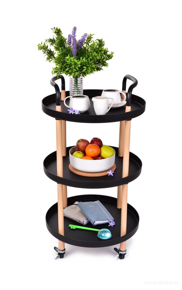 TROLLEY, pojízdný vozík 3patrový, multifunkční kulatý regál na kolečkách, výška 86 cm, černý | Vychytávky pro skladování | Grand Móda