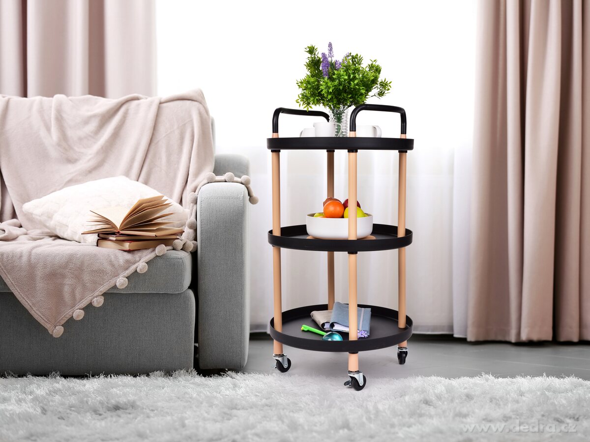 TROLLEY, pojízdný vozík 3patrový, multifunkční kulatý regál na kolečkách, výška 86 cm, černý – náhled 3 | Grand Móda