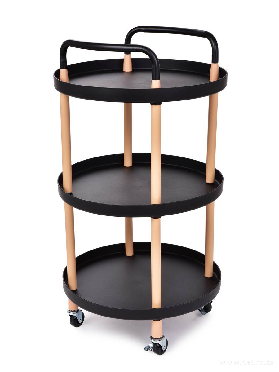 TROLLEY, pojízdný vozík 3patrový, multifunkční kulatý regál na kolečkách, výška 86 cm, černý – náhled 4 | Grand Móda