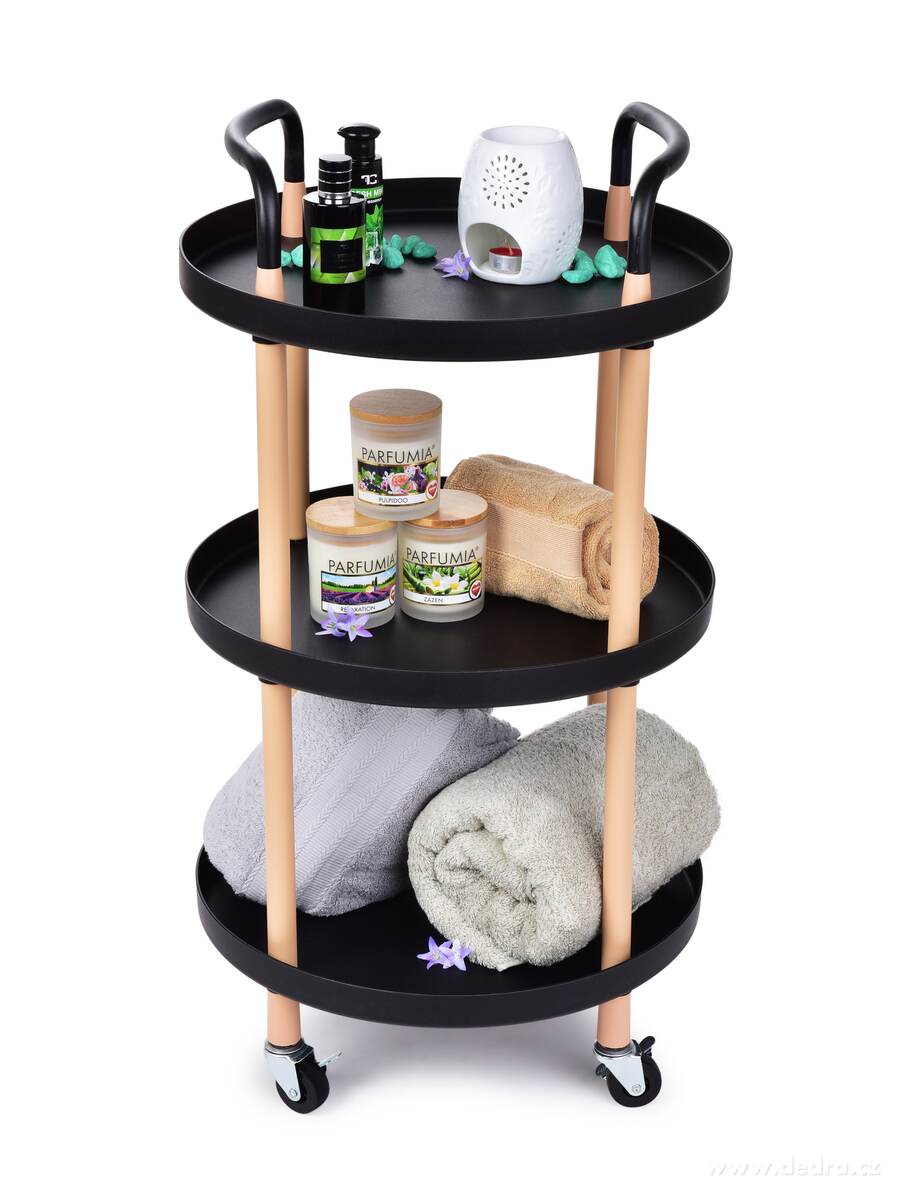 TROLLEY, pojízdný vozík 3patrový, multifunkční kulatý regál na kolečkách, výška 86 cm, černý – náhled 5 | Grand Móda